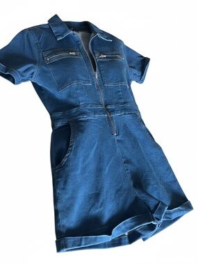 Thrill Dark Blue Denim Short-Sleeve Romper